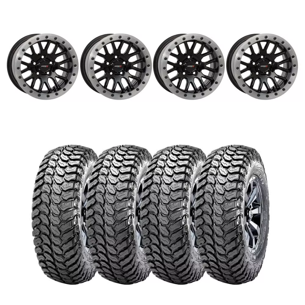 System 3 Gloss Black with Matte Brushed Ring SB-9 Beadlock & Maxxis Liberty Performance Off Road Wheel & Tire Kit